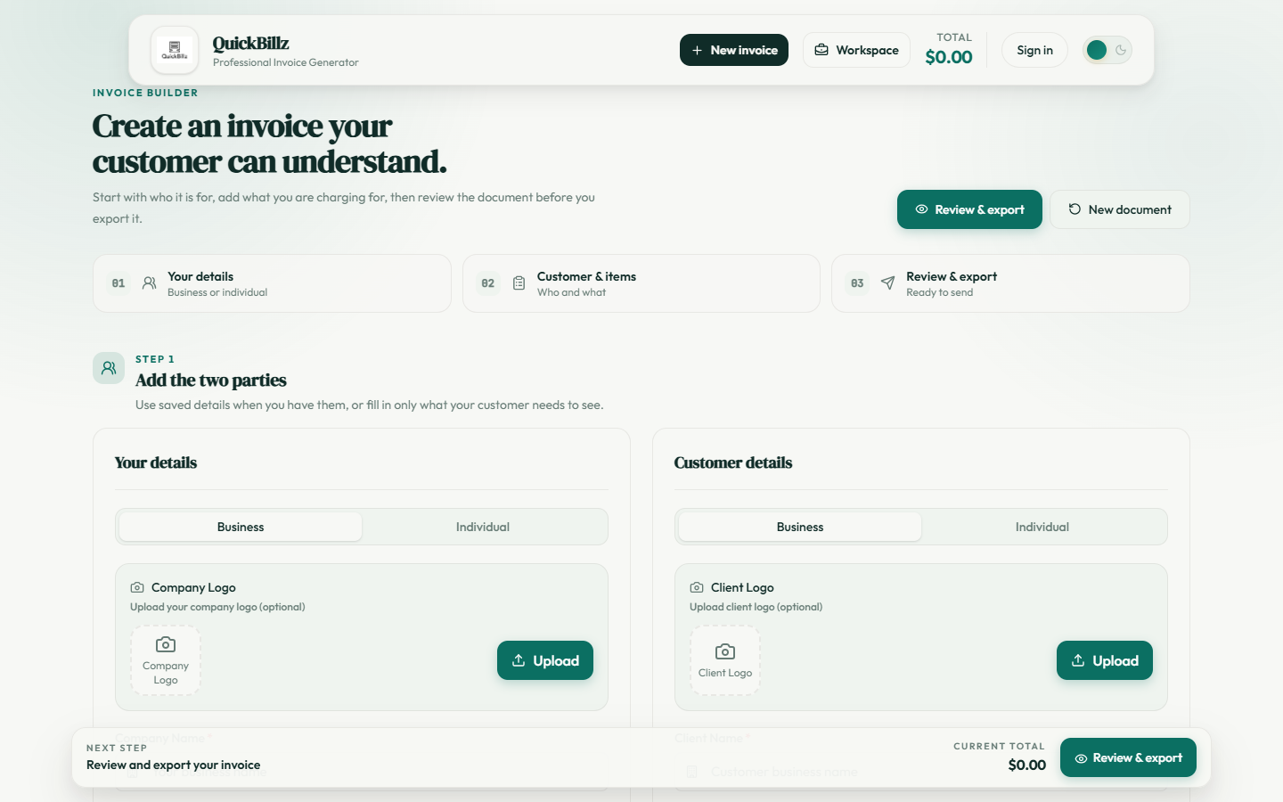 QuickBillz invoice workspace