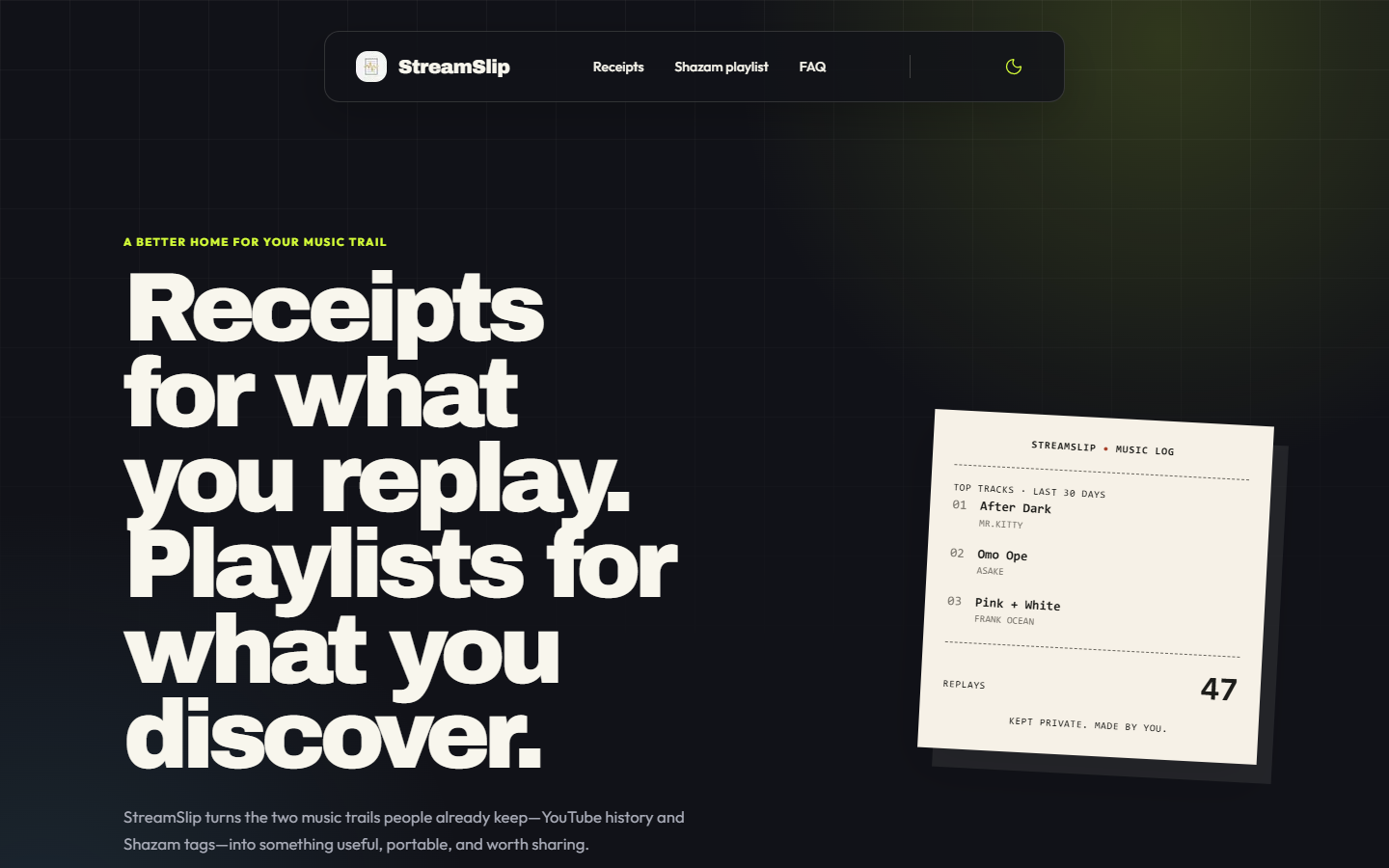 StreamSlip music receipts landing page